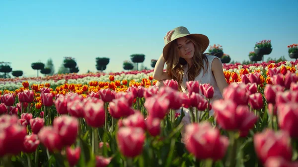 Kamera śledzenia aroung ładna dziewczyna w sunhat siedzi w pozycji w czerwonym polu tulipan. — Zdjęcie stockowe