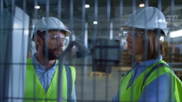 Manufacture specialists discussing production inspecting product warehouse — Stock Video