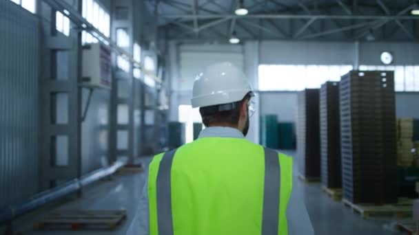 Vista posterior trabajador de almacén inspeccionando paletas de productos proceso de envío comprobación — Vídeo de stock