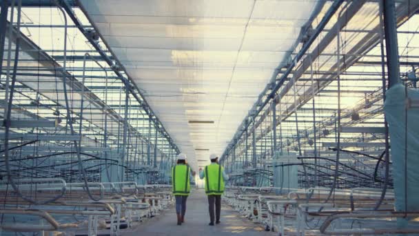 Insinyur berjalan pabrik kosong mendiskusikan rencana proses produksi dalam seragam — Stok Video