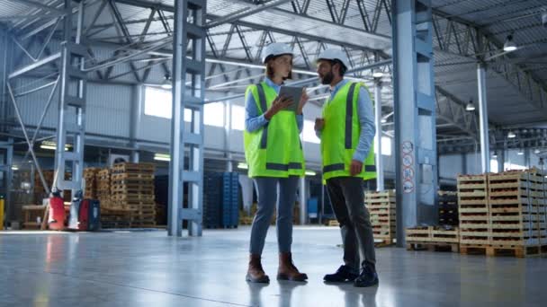 Factory workers discussing shipment distribution checking tablet information — Stock Video