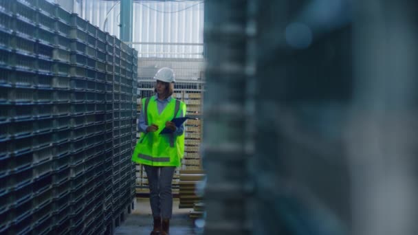Kvinnligt lager övervakare inspektera blå matarlådor analysera leverans — Stockvideo