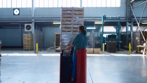 Mujer trabajadora de almacén transportando paletas conduciendo la máquina de almacenamiento moviendo cajas — Vídeos de Stock