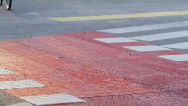 Άνθρωπος πόδια πεντάλ πόλη διάβαση πεζών κόκκινο ποδηλατικό μονοπάτι closeup. Αστικός ταξιδιώτης ιππασίας — Αρχείο Βίντεο