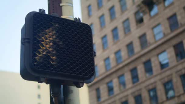Closeup pěší semafor umožňující cross street v moderní megapolis. — Stock video