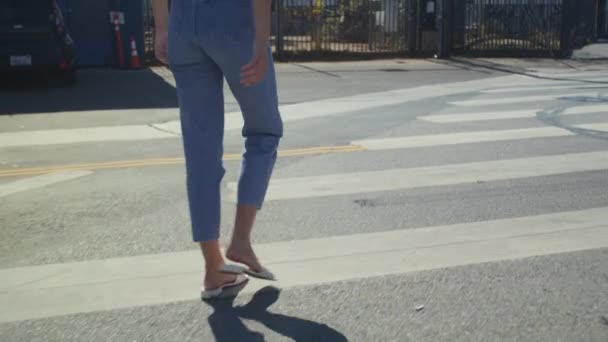 Een onbekende dame die van dichtbij over de weg loopt. Stijlvolle langharige vrouw gaan op zebrapad — Stockvideo