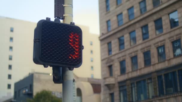 Красный стоп-сигнал на пешеходном переходе. Сигнал регулирования на полюсе — стоковое видео