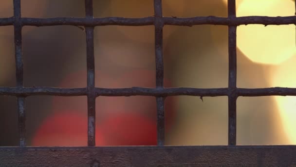 Old fence mesh netting elevator shot close up. Iron rusty squared protection. — Stock Video