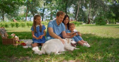 Beyaz köpek piknikte aile tabletinin yanında uzanıyor. Babam Labrador 'u okşadı..