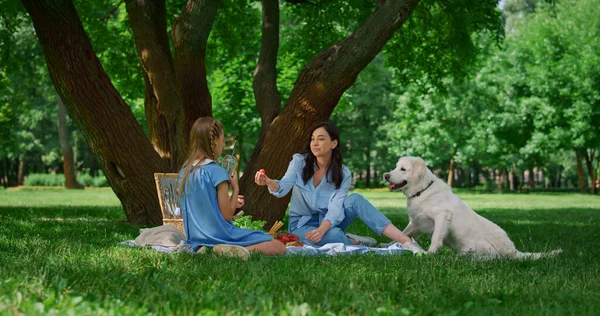 Mãe feliz descansando com a filha no piquenique. Família com cão relaxar ao ar livre. — Fotografia de Stock