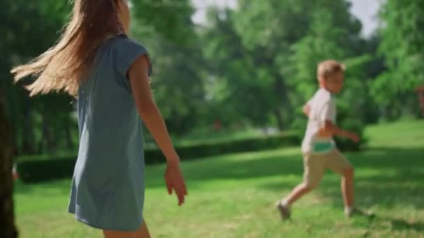 A linda irmã ultrapassa o irmão na relva. Família feliz jogando catch-up no prado. — Vídeo de Stock