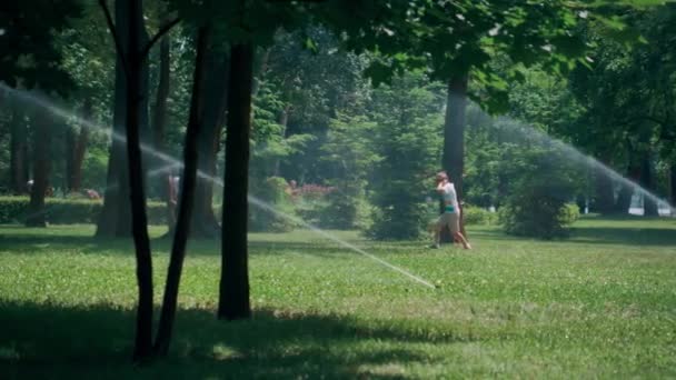Játékos kisfiú futó víz sprinkles zöld parkban bujkál fülek splash — Stock videók