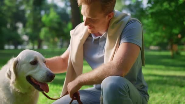 Freudig lächelnder Mann streichelt Golden Retriever im Park. Hund schüttelt Kopf wedelnd Schwanz — Stockvideo