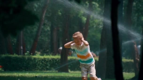 Radostné dítě běží posypky zakrývající uši od vody na slunný den parku. — Stock video