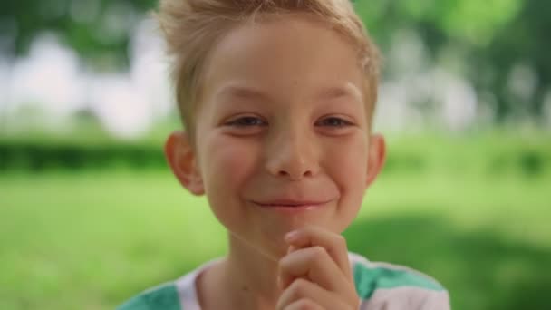 Portret van een grappige etende jongen tijdens de zomerpicknick. kind lachen op camera close-up. — Stockvideo