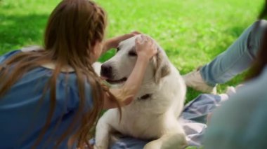 Piknikte Labrador 'a sarılan tatlı kız. Neşeli çocuk dışarıda köpeğe sarılıyor.