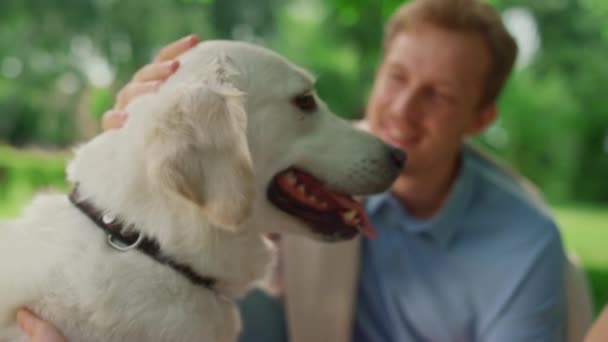 Szczęśliwy pies lubi pieścić się na pikniku z bliska. uśmiechnięty człowiek pieścić biały zwierzak. — Wideo stockowe