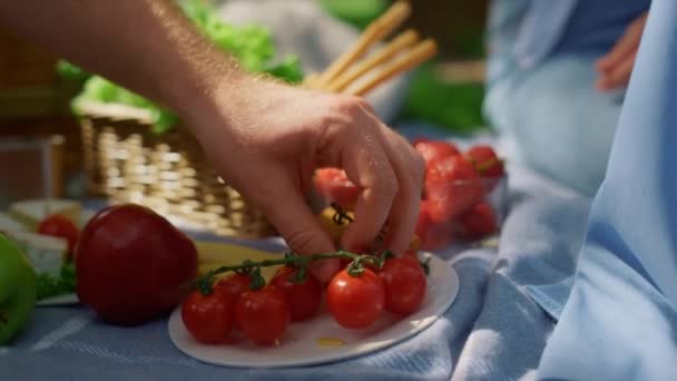未知の人間の手のピクニックの閉鎖にトマトを取る。男の腕は赤い野菜を保持 — ストック動画