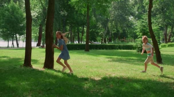 Los niños corriendo juegan a ponerse al día en el parque. Los niños sonrientes tienen diversión al aire libre — Vídeo de stock