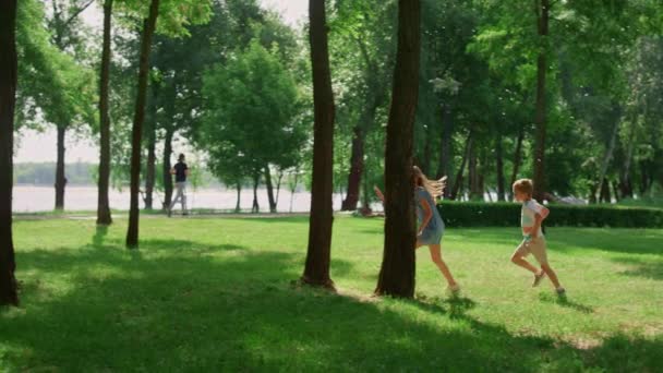 Lachende Kinder, die auf der sonnigen Wiese laufen. Glückliche Kinder spielen Nachholspiel im Park. — Stockvideo