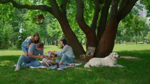 Смеющаяся семья забавно играет на одеяле для пикника. Счастливые люди отдыхают снаружи. — стоковое видео