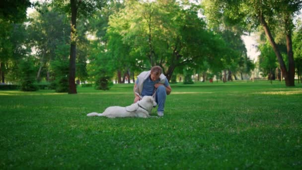 Усміхнений власник ретривера сидить у присіданнях. Фокусована собака лежить літній парк . — стокове відео
