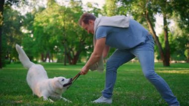 Oyuncu köpek tasması dişlerle oynuyor. Parkta ip çeken gülümseyen adam..