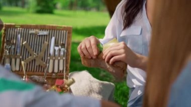 Anne piknikte çocuklar arasında sandviçi paylaşır. Aile doğada atıştırmalık yer..