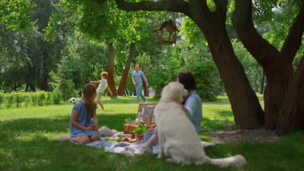 Loisirs familiaux actifs sur pique-nique dans le parc. Les parents s'amusent avec les enfants et le chien. — Video