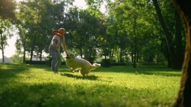 Çekici bir adam parkta oyuncak fırlatıyor. Enerjik köpek koşusu yakalama halkası.