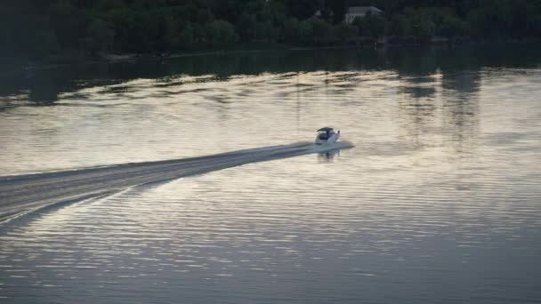 Motorboot fährt nachts auf dunklem Fluss am grünen Ufer. — Stockvideo