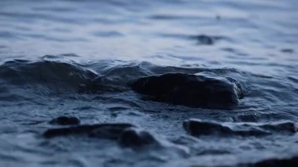 Rápida corriente que fluye piedras oscuras primer plano de la noche. Agua fría del lago lavar rocas — Vídeo de stock