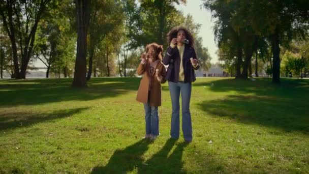 Mutlu aile birlikte sabun köpüğü üflüyor. Yeşil alanda güneşli parkta duruyorlar.. — Stok video
