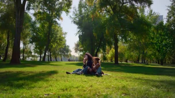 公園でシャボン玉を吹いている楽しい子供のお母さん。春の日に家族のピクニック — ストック動画