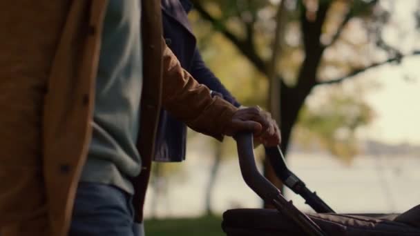 Parents hands pushing carriage walking park closeup. Unconditional love concept. — Stock Video