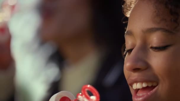 Drømmende pige blæser sæbebobler closeup. Glædelig knægt nyder familie picnic. – Stock-video