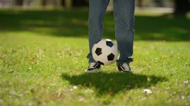 Mężczyzna nogi kopanie piłka na zielone pole słoneczny park zbliżenie. Letni aktywny weekend. — Wideo stockowe