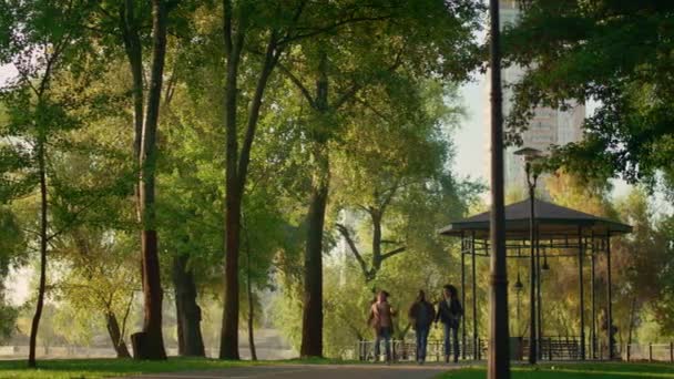 Fille ludique courir sentier du parc en jouant avec les parents. Des moments d'enfance joyeux. — Video