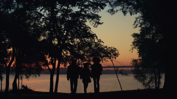 Eltern Kind Silhouette Händchen haltend gemeinsam zu Fluss Meer Sonnenuntergang Zeit. — Stockvideo