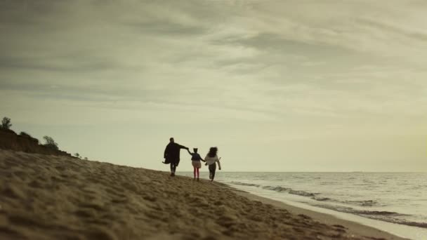 Οικογενειακό τοπίο στην παραλία. Χαρούμενοι άνθρωποι περπατούν μαζί στην ακτή της θάλασσας.. — Αρχείο Βίντεο