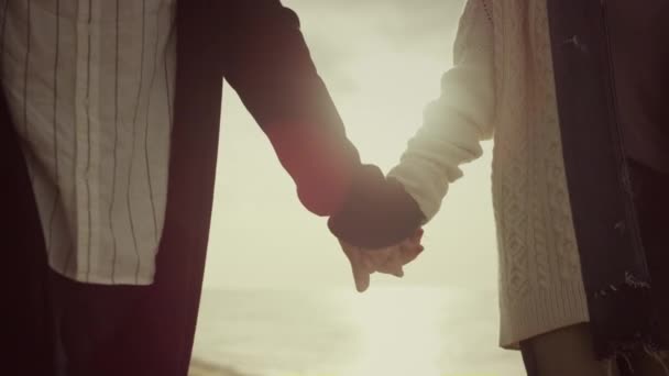 Junges Paar hält Händchen vor dem Hintergrund der Natur am Sonnenuntergang. Liebes-Ruhe-Konzept. — Stockvideo