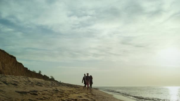 Deniz dalgalarıyla sahile giden mutlu insanlar. Aile hafta sonunun tadını çıkarsın. — Stok video