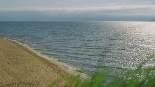 Vista aérea praia vazia costa marítima. Grama soprando vento por bater ondas do oceano. — Vídeo de Stock
