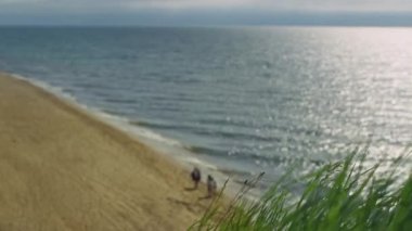 İnsanlar deniz manzaralı kumsalları seviyor. Okyanus dalgaları hava manzarasının dışına çarpıyor.