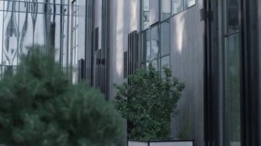Şirketin cam binasındaki yeşil ağaçlar. Gelecekçi şehir merkezi konsepti