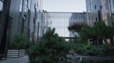 Düzenli bahçeli modern cam ofis kompleksi. Gelecekçi mimari
