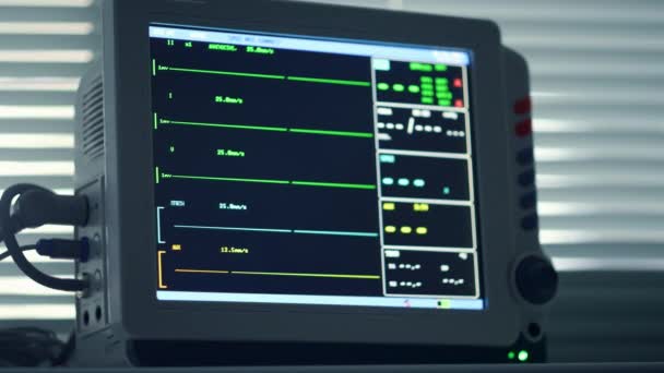 Dispositivo de monitor de frecuencia cardíaca de primer plano que no muestra signos vitales en la sala de cuidados intensivos. — Vídeos de Stock