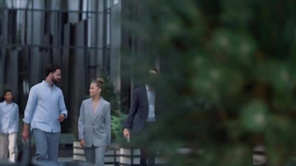 Diversos empleados caminando por la calle del centro hablando. Gente de negocios exitosa. — Vídeos de Stock