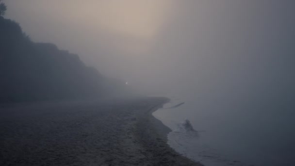 Orang yang serius berjalan di pantai laut dalam kabut pagi. Pria marah berteriak di pantai. — Stok Video