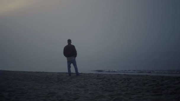 Um tipo atencioso a olhar para a paisagem marinha na manhã enevoada. Homem andando na praia — Vídeo de Stock